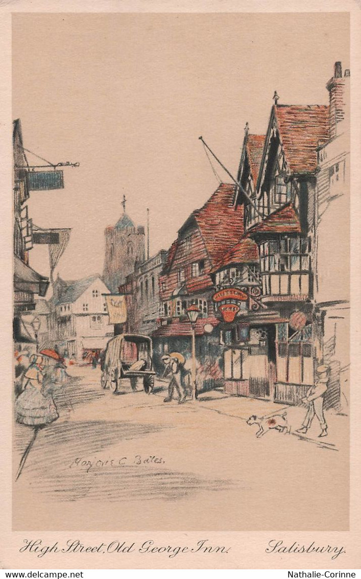 Salisbury, High Street Old George Inn - Dessin Signé Marjorie C. Bates - Salisbury