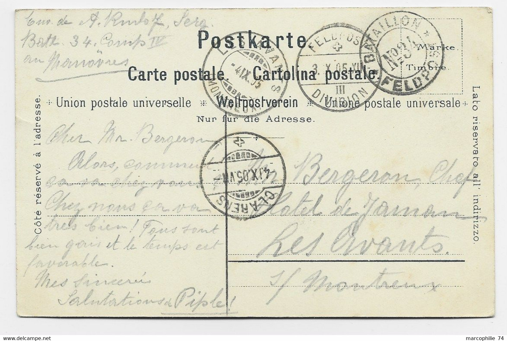 SUISSE HELVETIA CARTE ARMEE SUISSE BATAILLON FELPOST N°34 1905 - Poststempel