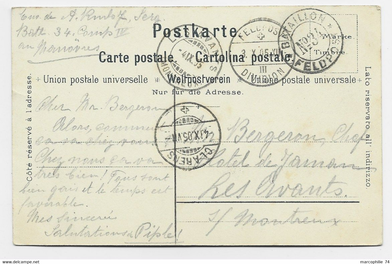 SUISSE HELVETIA CARTE ARMEE SUISSE BATAILLON FELPOST N°34 1905 - Oblitérations