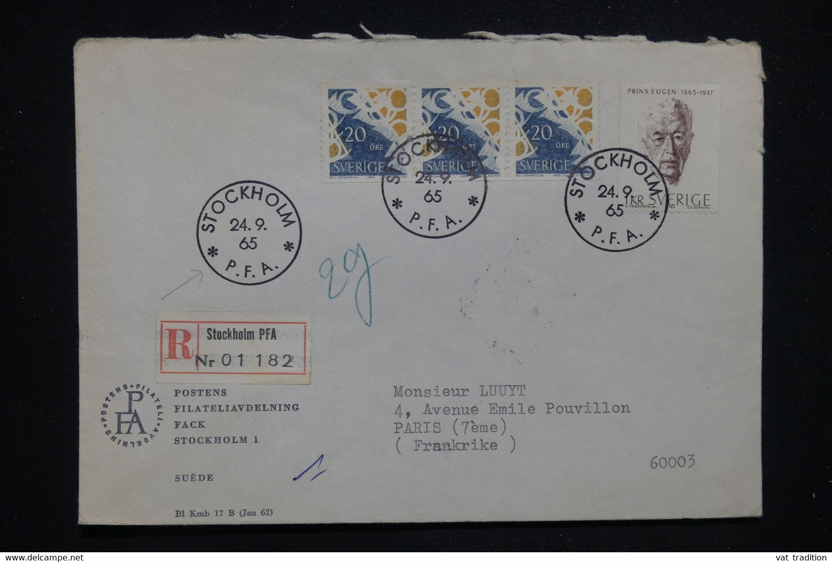 SUÈDE - Enveloppe En Recommandé De Stockholm Pour La France En 1965, Oblitération Du Bureau Philatélique - L 130261 - Cartas & Documentos