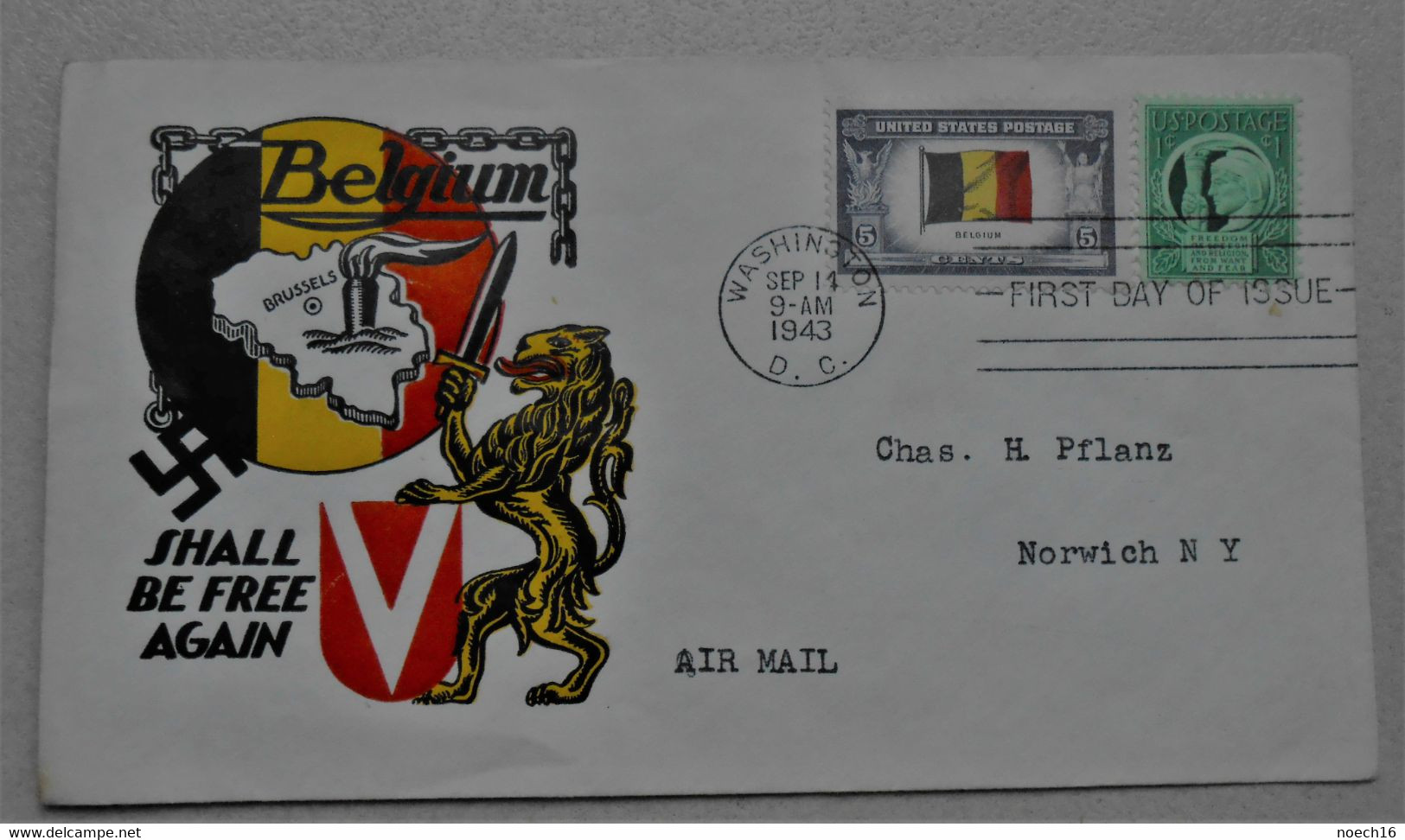 USA Enveloppe Illustrée Washington DC 1943 - Premier Jour Air Mail - Belgium Shall Be Free Again - 1941-1950