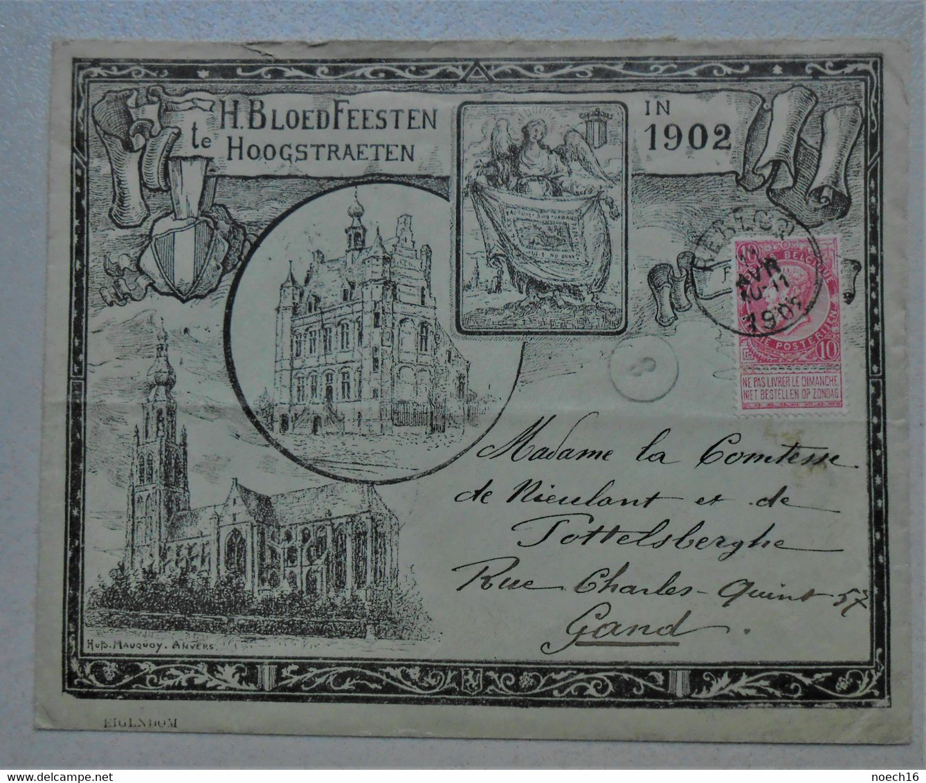 Enveloppe Illustrée Bloedfeesten Te Hoogstraeten In 1902 Oblitérations Rebecq -> Gand/ Timbre 58 Avec Vignette - Autres & Non Classés