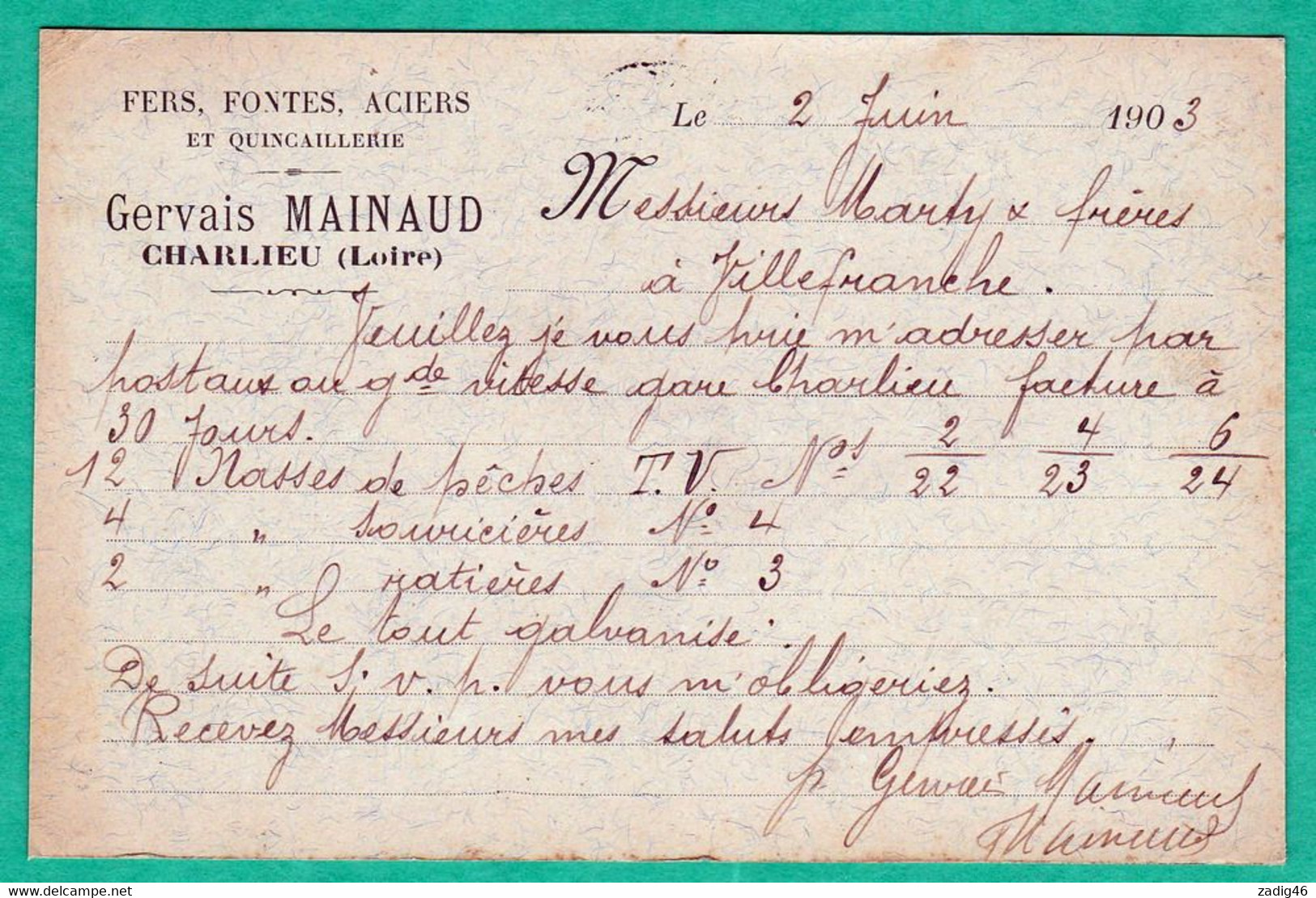 CHARLIEU  - QUINCAILLERIE GERVAIS MAINAUD - CARTE COMMERCIALE - 2 SCANS - - Charlieu