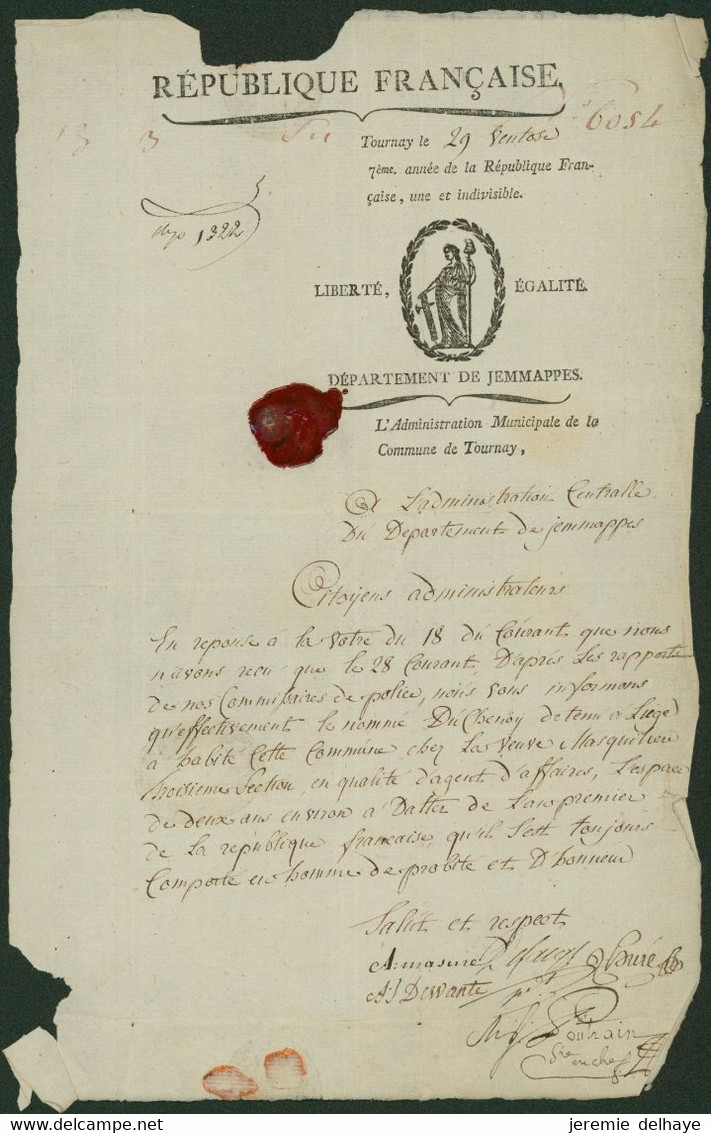 LAC Datée De Tournai 29 Ventôse An VII + Griffe Rouge 86 / TOURNAY, Tampon Noir "Municipalité De Tournay" > Mons - 1794-1814 (French Period)