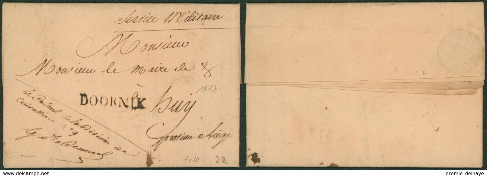 L. Datée De Doornik (1817) + Obl Linéaire Noir DOORNIK & Manuscrit "Service Militaire" (Division De Cuirasser N°9) > Huy - 1815-1830 (Hollandse Tijd)