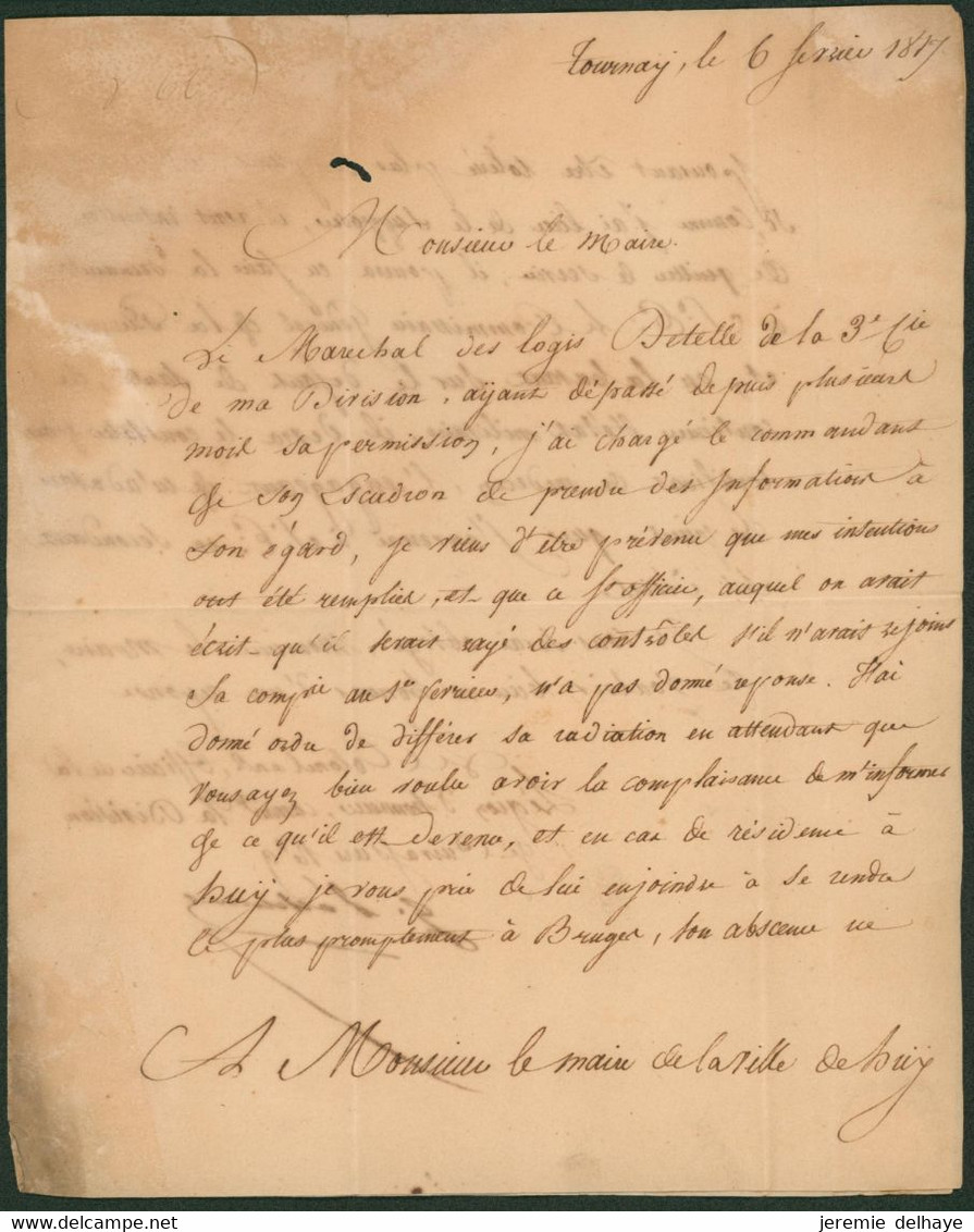 L. Datée De Doornik (1817) + Obl Linéaire Noir DOORNIK & Manuscrit "Service Militaire" (Division De Cuirasser N°9) > Huy - 1815-1830 (Periodo Holandes)