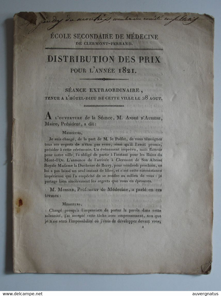 AUVERGNE Clermont-Ferrand - Distribution Des Prix - Ecole De Médecine 1821-1823-1831 * - Auvergne