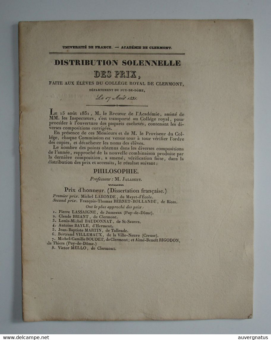 AUVERGNE Clermont-Ferrand - Collège - Distribution Des Prix 1831 - Auvergne