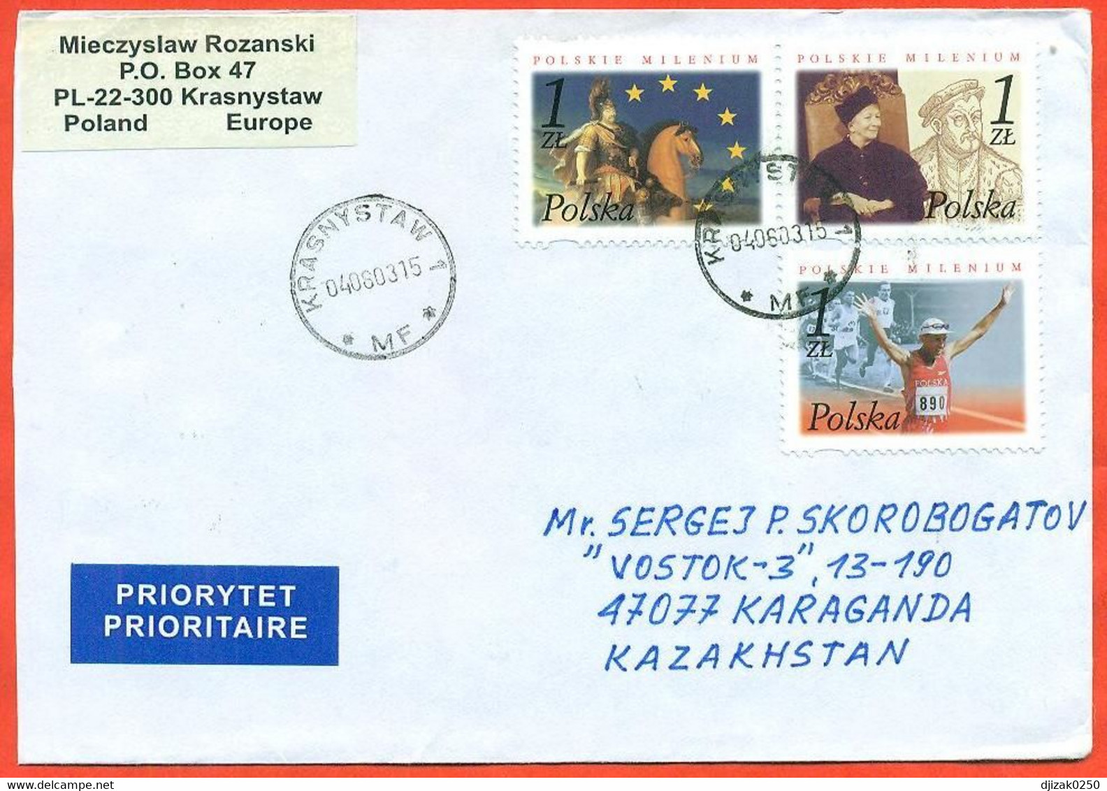 Poland 2003. The Envelope With  Passed Through The Mail. Stamps From Block. Airmail. - Brieven En Documenten