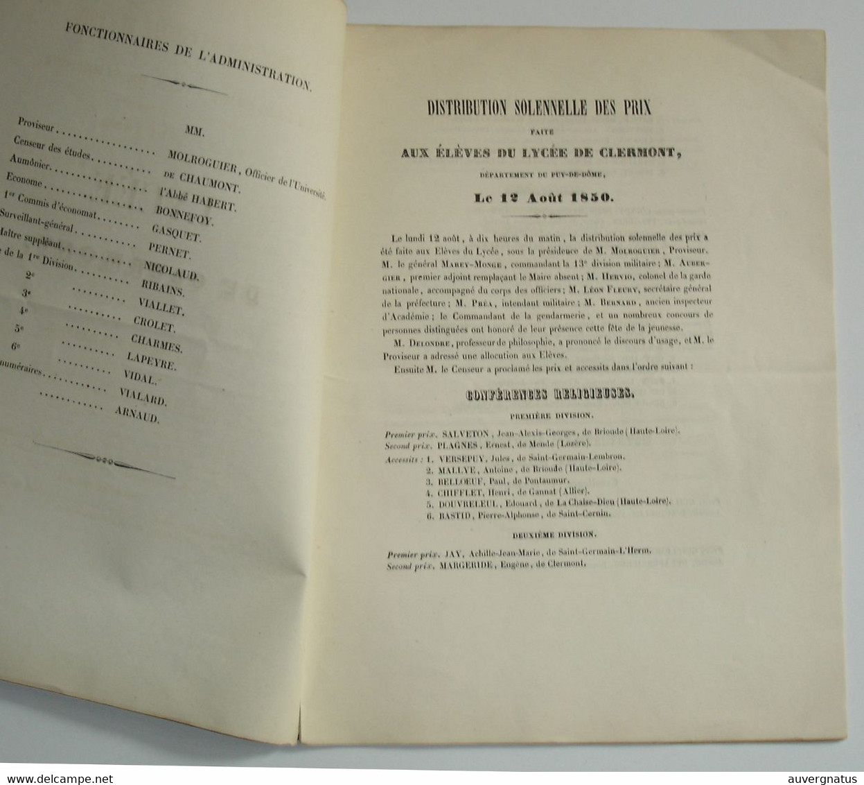 AUVERGNE Clermont-Ferrand - Lycée - Distribution Des Prix 1850 - Auvergne