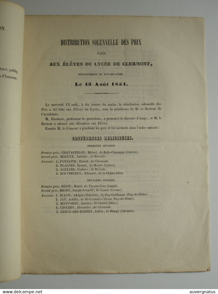 AUVERGNE Clermont-Ferrand - Lycée - Distribution Des Prix 1851 - Auvergne