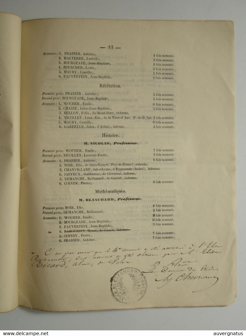 AUVERGNE Clermont-Ferrand - Lycée - Distribution Des Prix 1851 - Auvergne