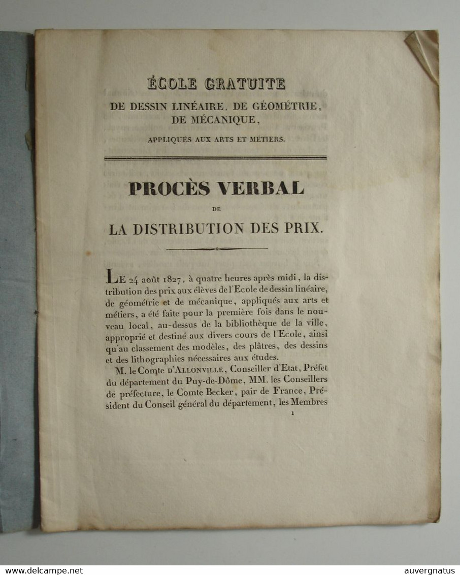 AUVERGNE Clermont-Ferrand - Dessin - Arts Et Métiers - Distribution Des Prix 1827 - Auvergne