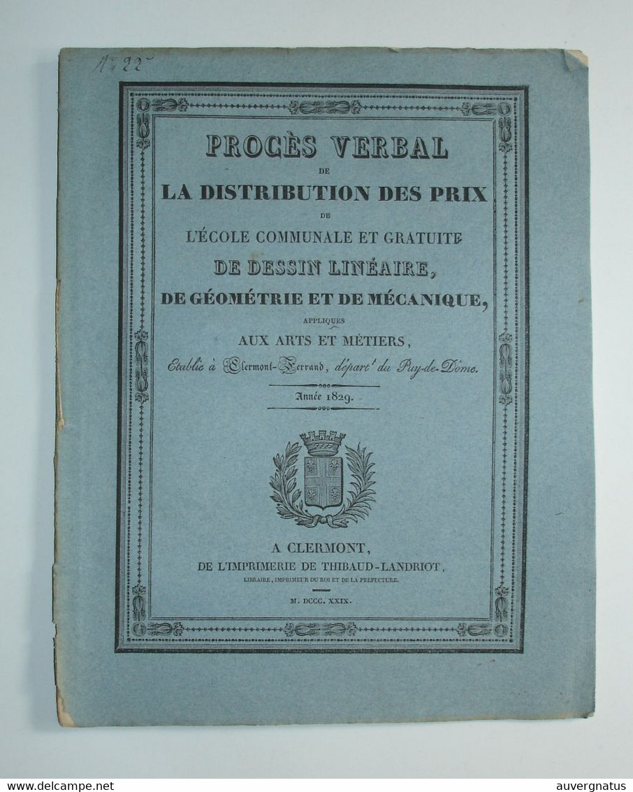 AUVERGNE Clermont-Ferrand - Dessin - Arts Et Métiers - Distribution Des Prix 1829 - Auvergne