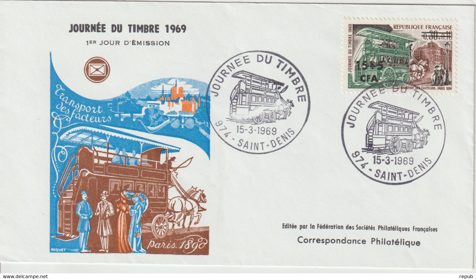 Réunion CFA 1969 FDC Journée Du Timbre 383 - Briefe U. Dokumente