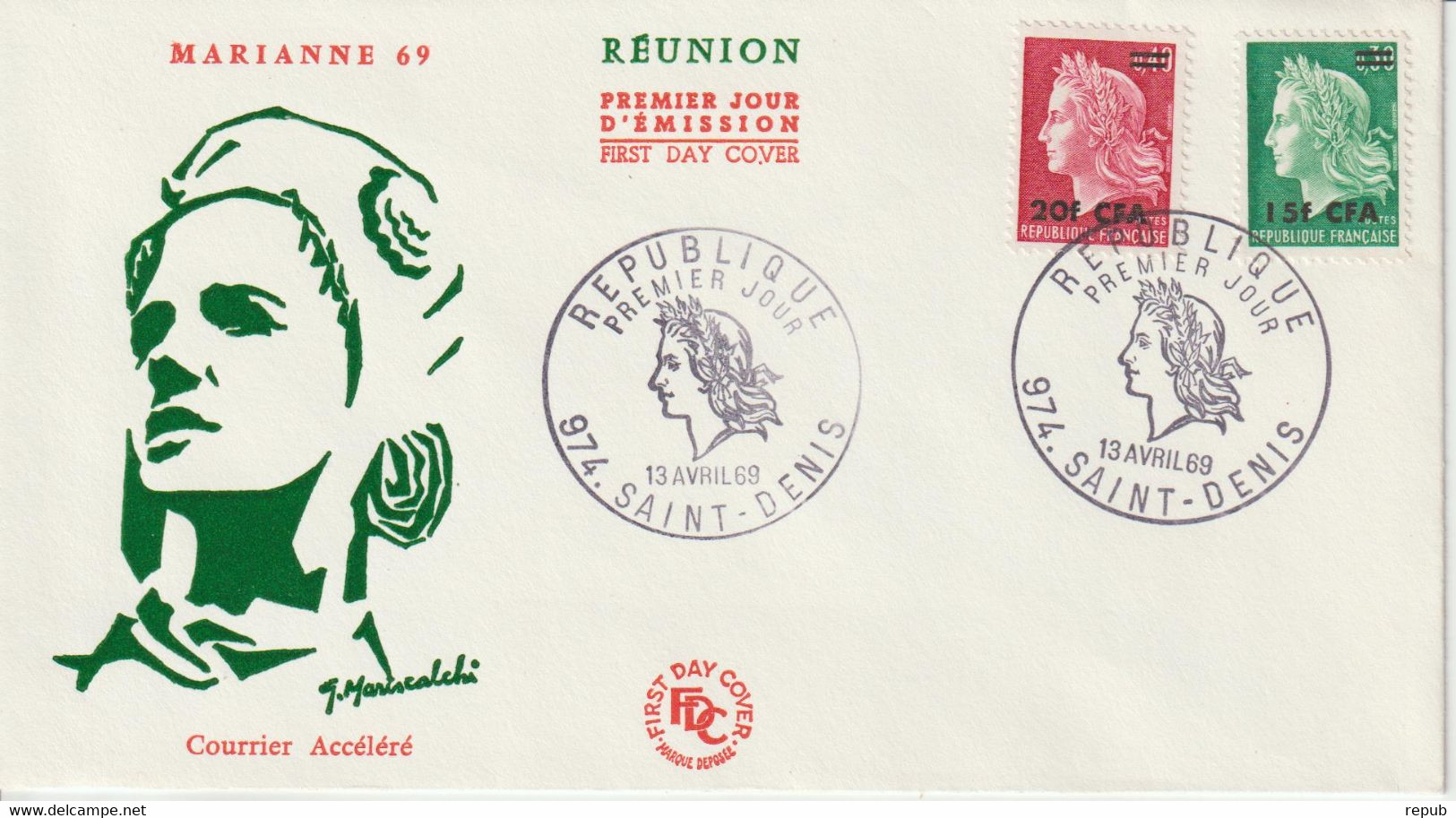 Réunion CFA 1969 FDC Marianne De Cheffer 384-385 - Brieven En Documenten