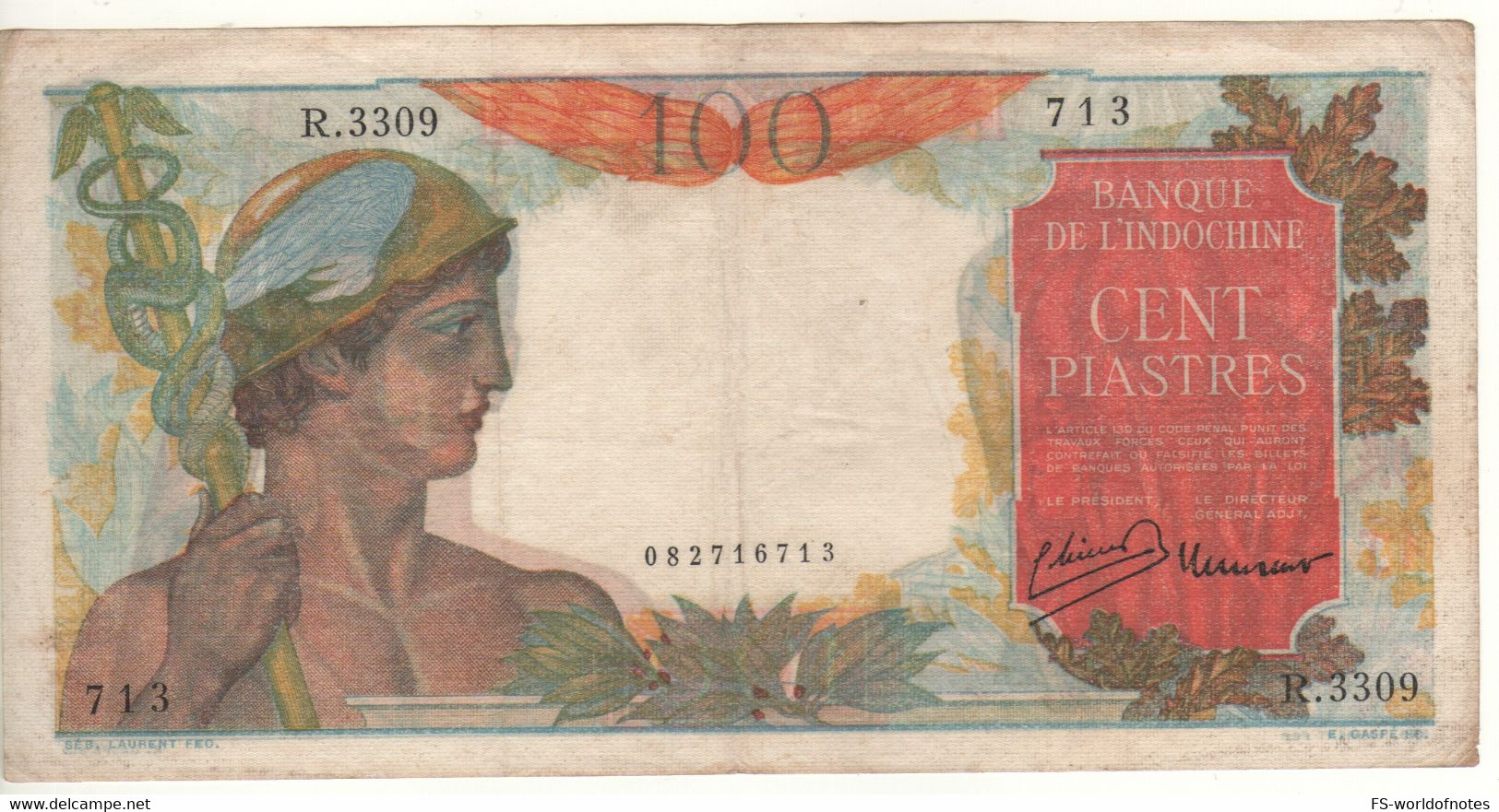 FRENCH INDOCHINA   100  Piastres  / Đồng / Riels / Kip    P82b   ( Mercury At Front + Elephants At Back ) - Indocina