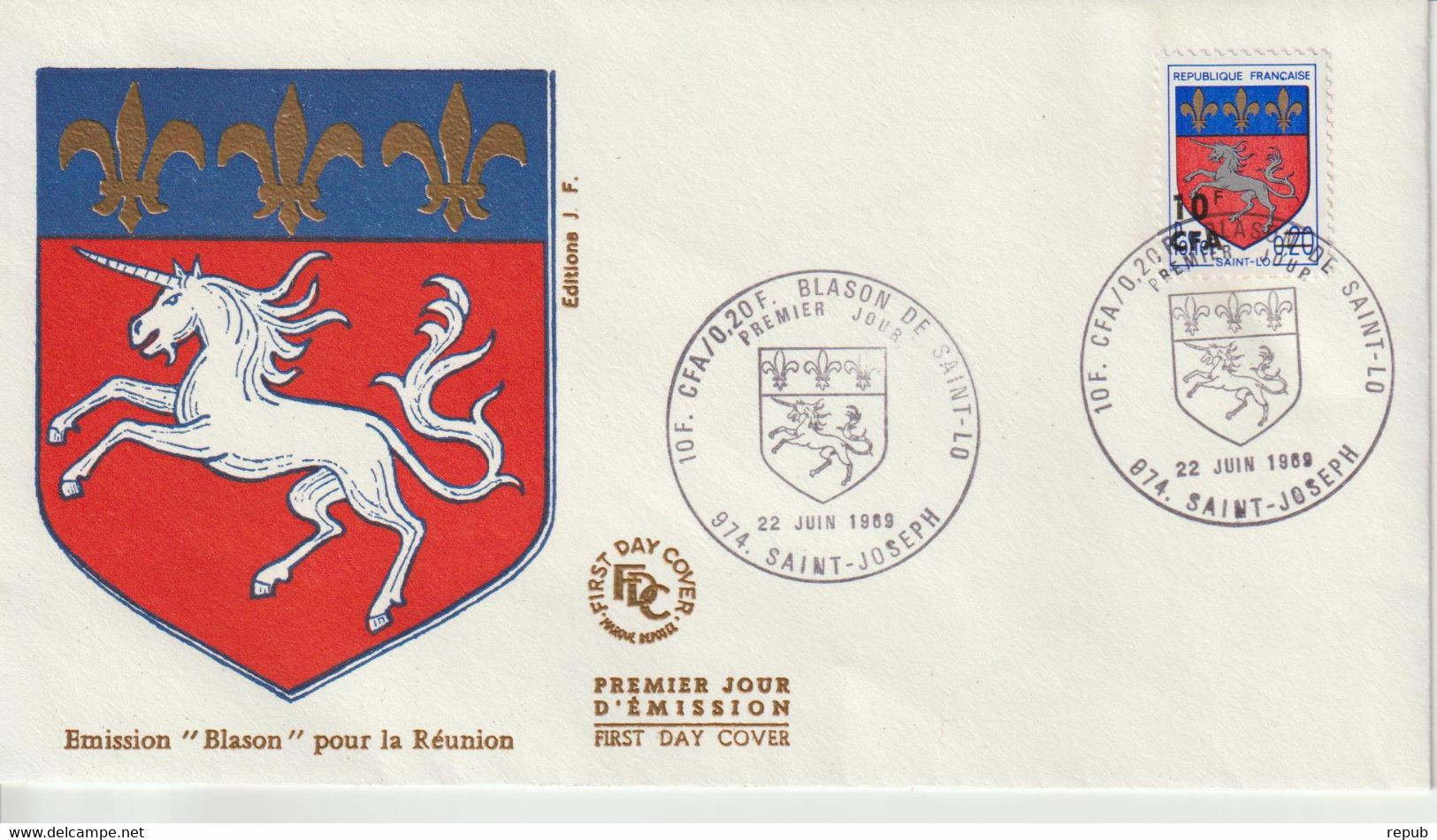 Réunion CFA 1969 FDC Blason St Lo 386 - Cartas & Documentos