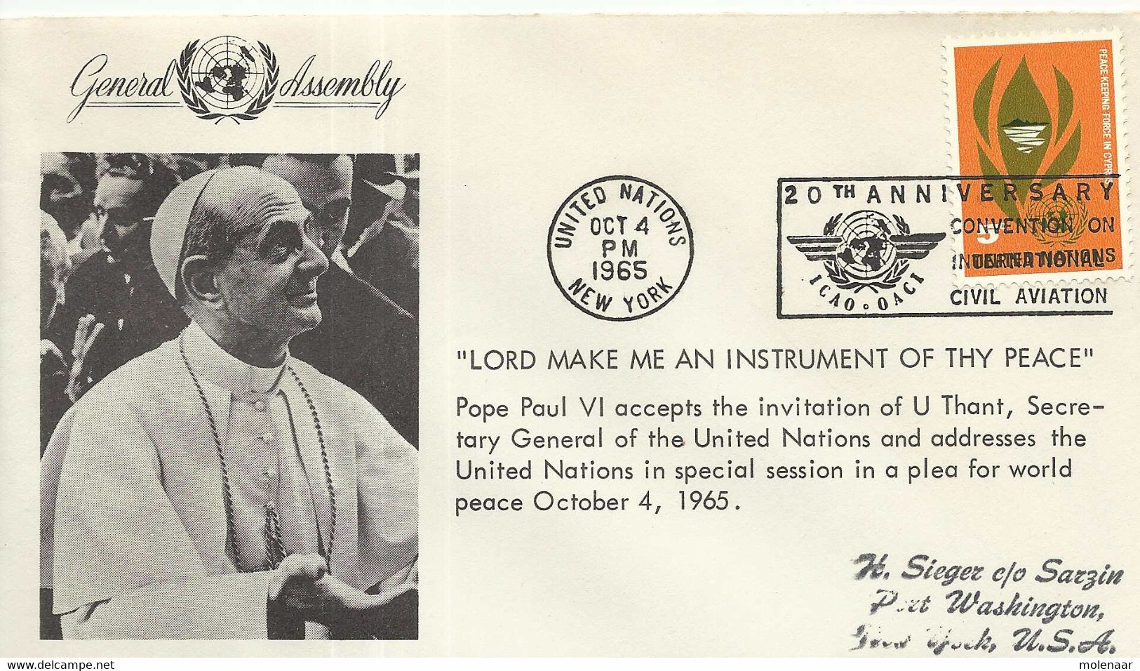 Verenigde Staten  Brief Tgv. "Pope Paul VI Op UNO General Assembly " 4-10-1965 (8190) - Lettres & Documents