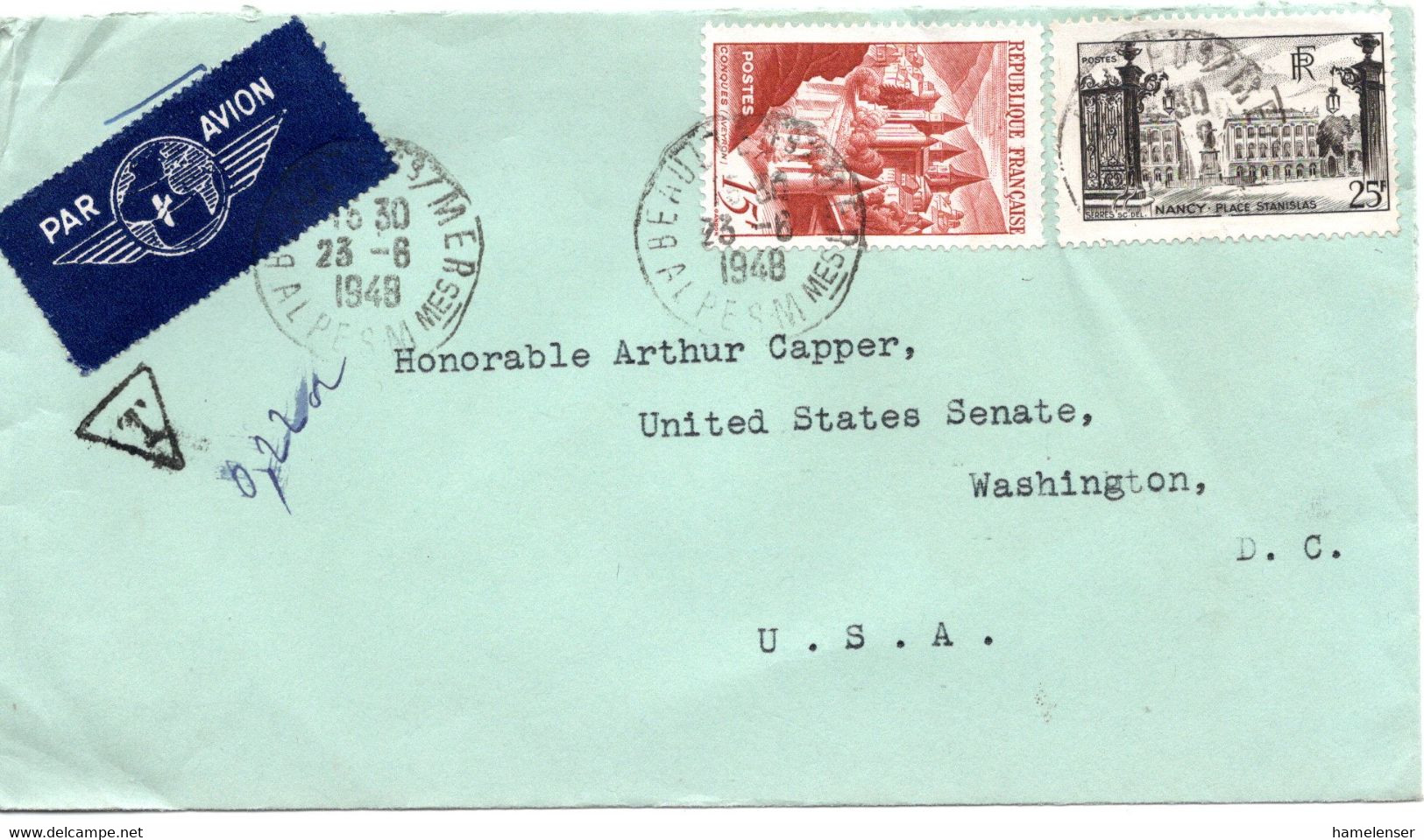 60993 - Frankreich - 1948 - 25F Nancy MiF A LpBf BEAULIEU S/MER -> Washington, DC (USA) - Covers & Documents