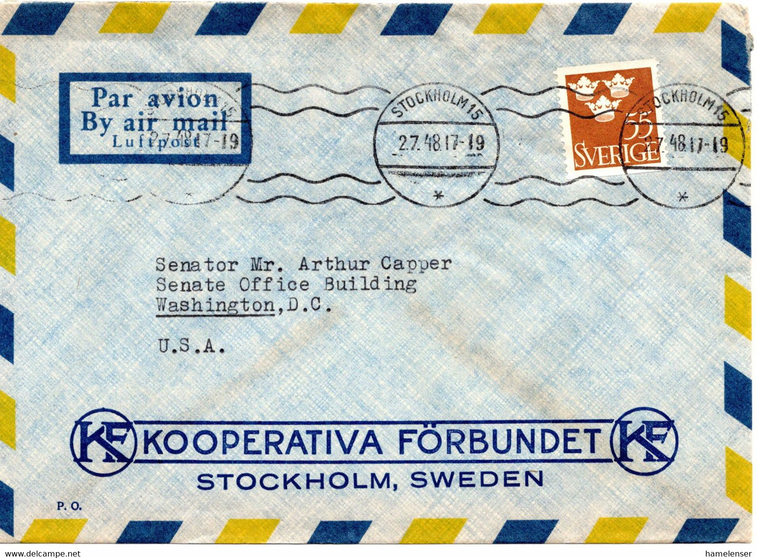 60994 - Schweden - 1948 - 55o. Drei Kronen EF A LpBf STOCKHOLM -> Washington, DC (USA) - Lettres & Documents