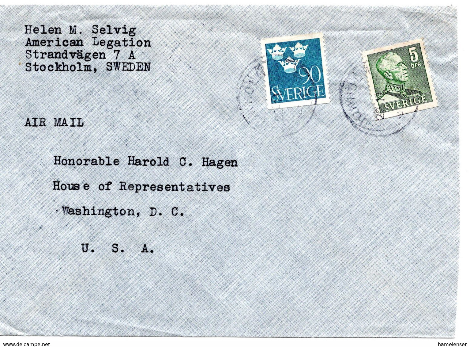 60995 - Schweden - 1949 - 90o. Drei Kronen MiF A LpBf STOCKHOLM -> Washington, DC (USA) - Storia Postale