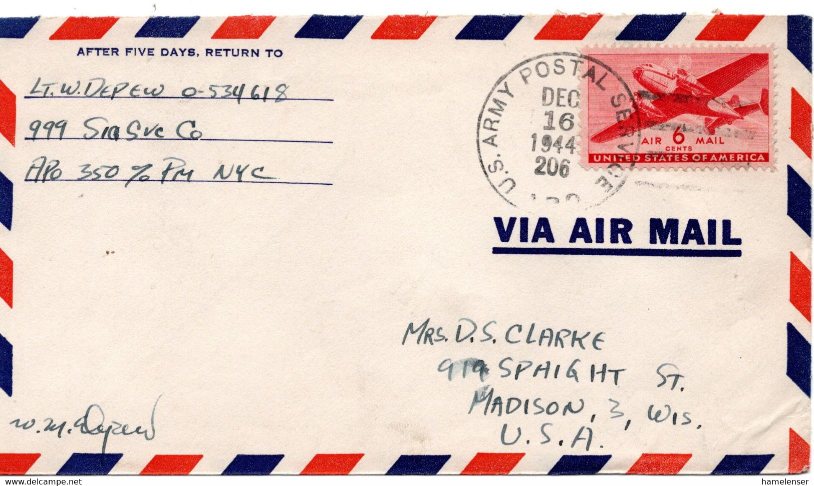 61006 - USA - 1944 - 6c Luftpost EF A LpFeldpostBf US ARMY POSTAL SERVICE APO 206 -> Madison, WI - Storia Postale