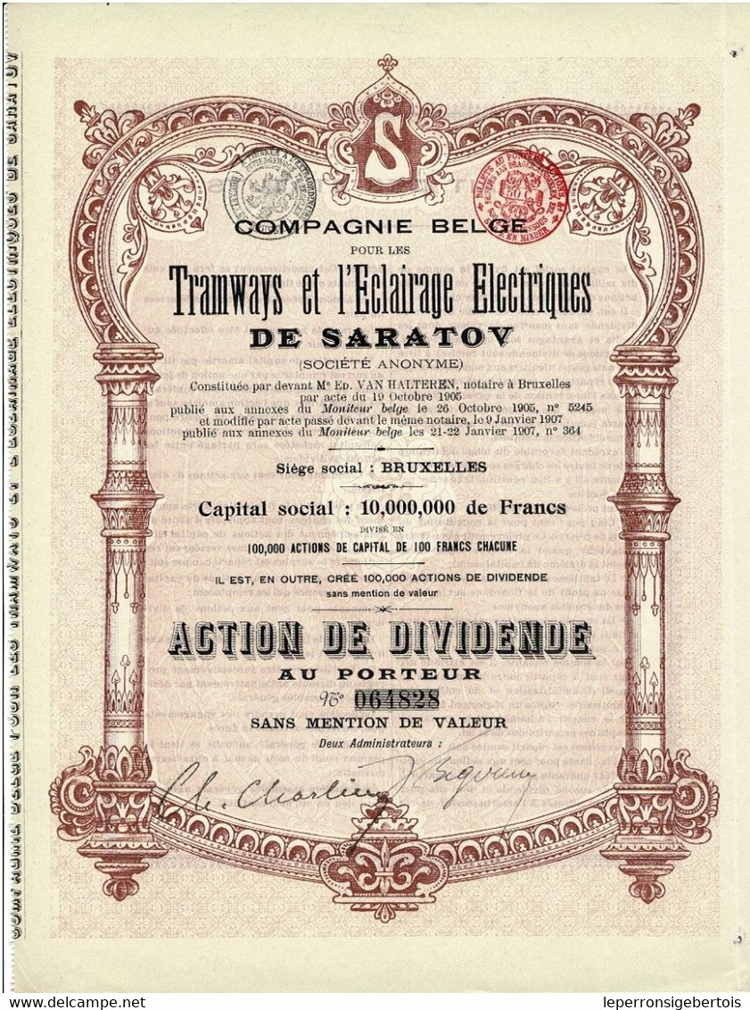 -Titre De 1907- Compagnie Belge Pour Les Tramways Et L'Eclairage De Saratov - Déco 064828 - Rusia