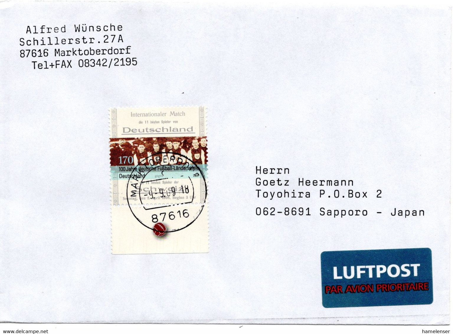 61011 - Bund - 2009 - 170c 100 Jahre Laenderspiele EF A LpBf MARKTOBERDORF -> Japan - Storia Postale