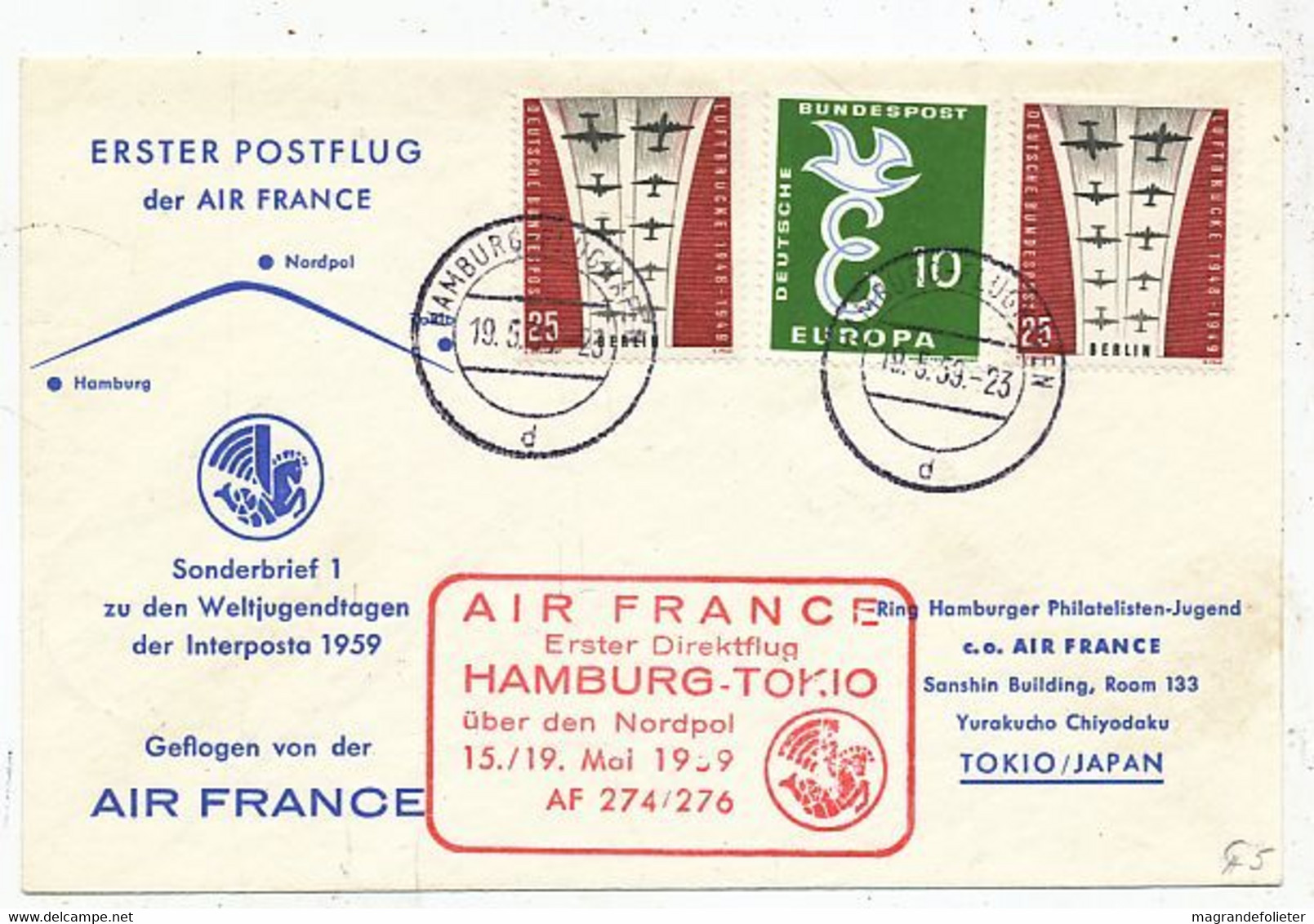 AVION AVIATION AIRLINE AIR FRANCE ERSTER POSTFLUG HAMBURG-TOKYO 1959 - Vliegvergunningen