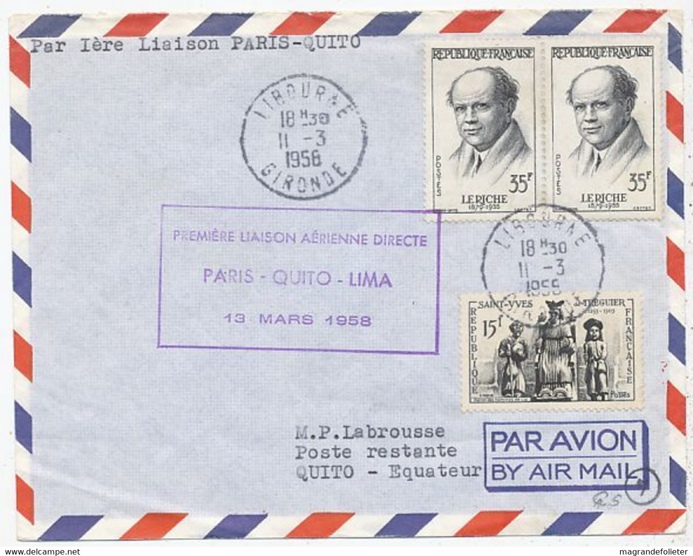 AVION AVIATION AIRLINE AIR FRANCE PREMIERE LIAISON PARIS-QUITO-LIMA 1958 - Flight Certificates