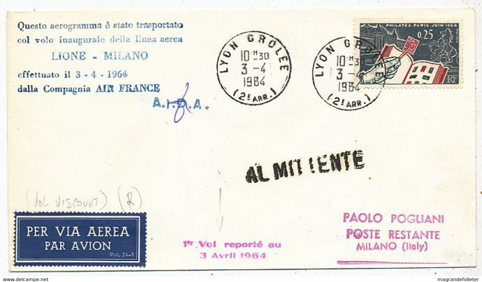 AVION AVIATION AIRLINE AIR FRANCE VOLO INAUGURALE DELLA LINEA LIONE-MILANO 1984 - Flight Certificates