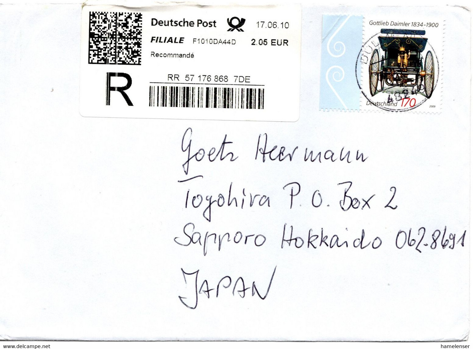 61019 - Bund - 2010 - 170c Gottlieb Daimler & SFS MiF A R-LpBf DUELMEN -> Japan - Storia Postale