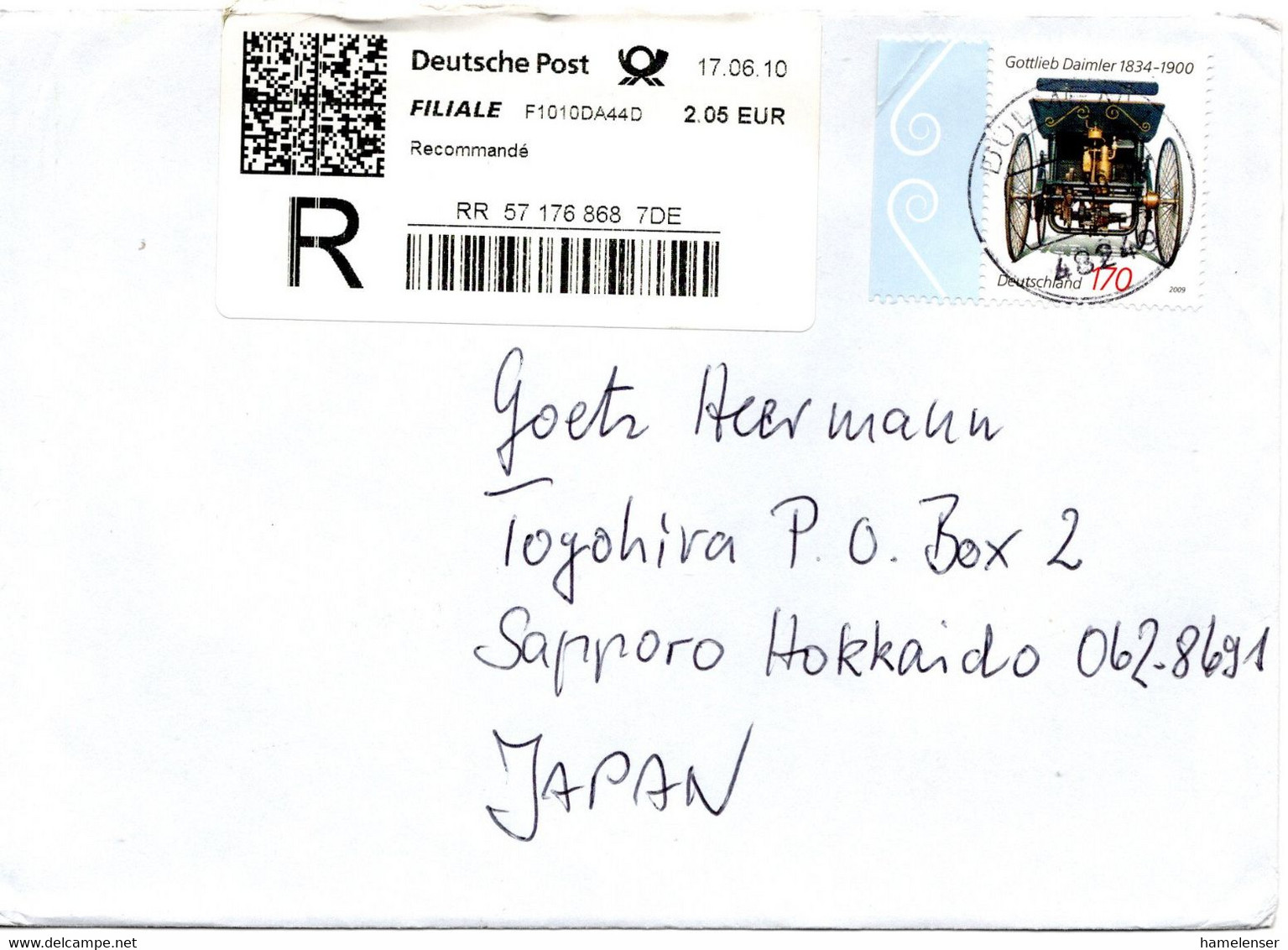 61019 - Bund - 2010 - 170c Gottlieb Daimler & SFS MiF A R-LpBf DUELMEN -> Japan - Cartas & Documentos