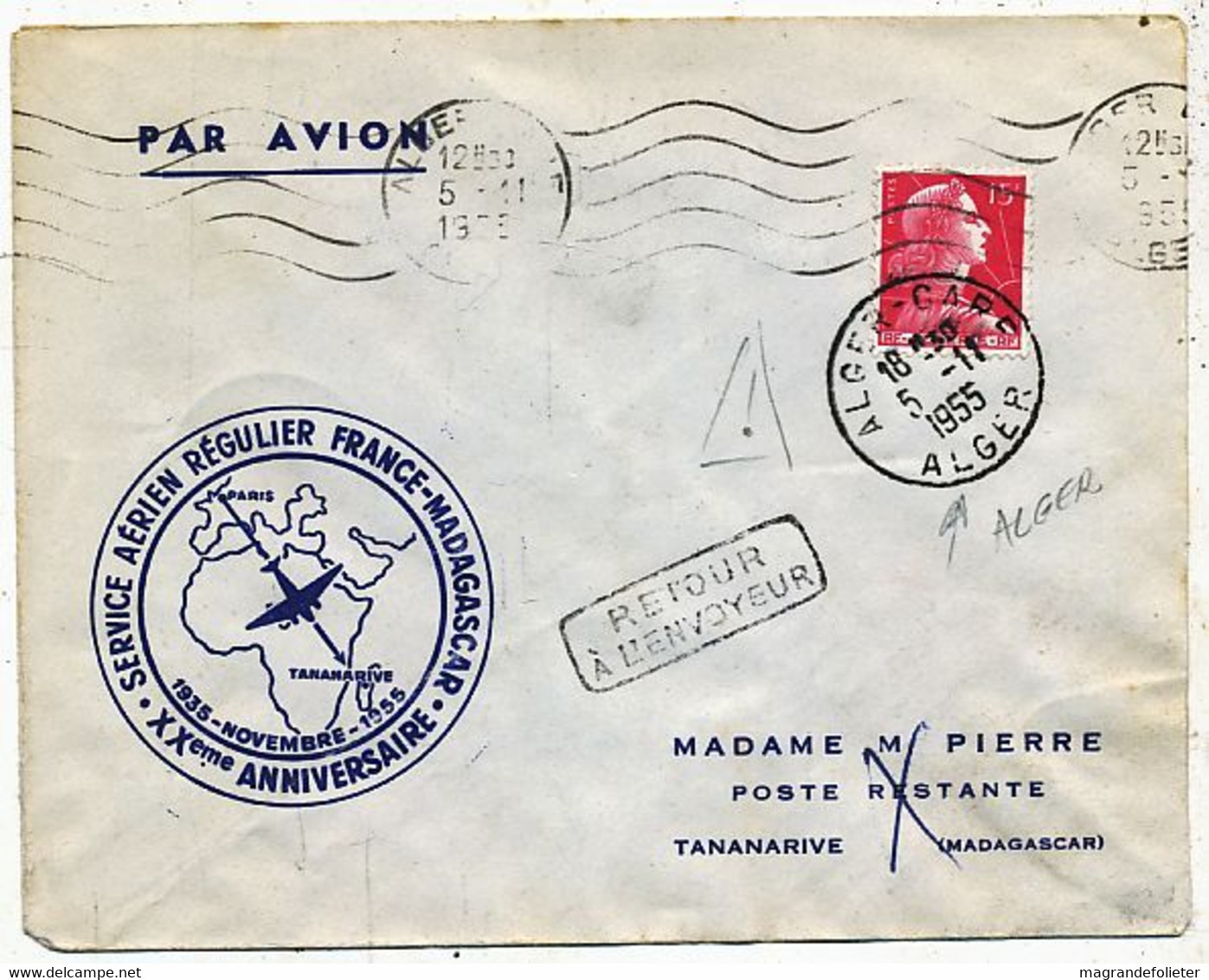 AVION AVIATION AIRLINE FRANCE XXe ANNIVERSAIRE SERVICE AERIEN REGULIER FRANCE-MADAGASCAR 1955 - Zertifikate