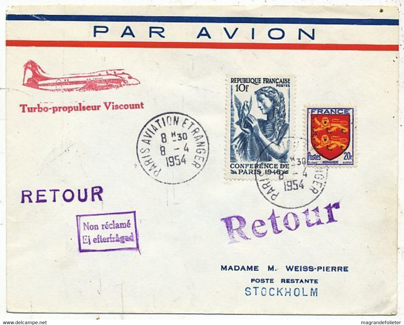 AVION AVIATION AIRLINE FRANCE PARIS AVIATION PREMIER VOL PARIS-STOCKHOLM  EN TURBO-PROPULSEUR VISCOUNT 1954 - Certificats De Vol