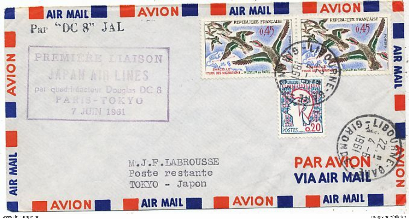 AVION AVIATION AIRLINE JAPON PREMIERE LIAISON JAPAN AIR LINES PAR QUADRIMOTEUR DOUGLAS DC-8 PARIS-TOKYO 1961 - Certificados De Vuelo