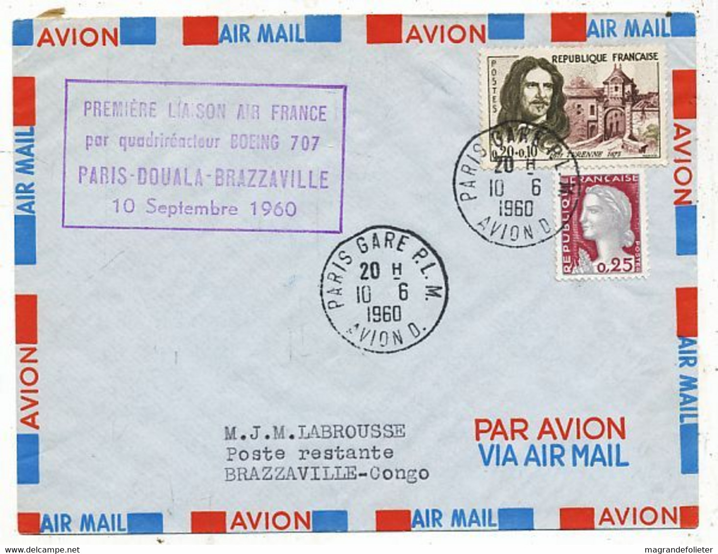 AVION AVIATION AIRLINE AIR FRANCE PREMIERE LIAISON EN QUADRIREACTEUR BOEING 707 PARIS-DOUALA-BRAZZAVILLE 1960 - Zertifikate