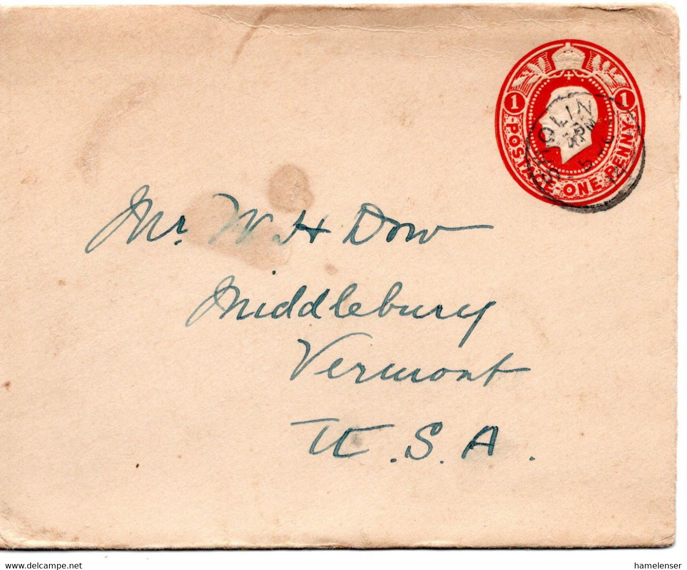 61029 - Grossbritannien - 1921 - 1d KGV PGAUmschlag SHOLIN -> Middlebury, VT (USA), Etw Fleckig - Lettres & Documents