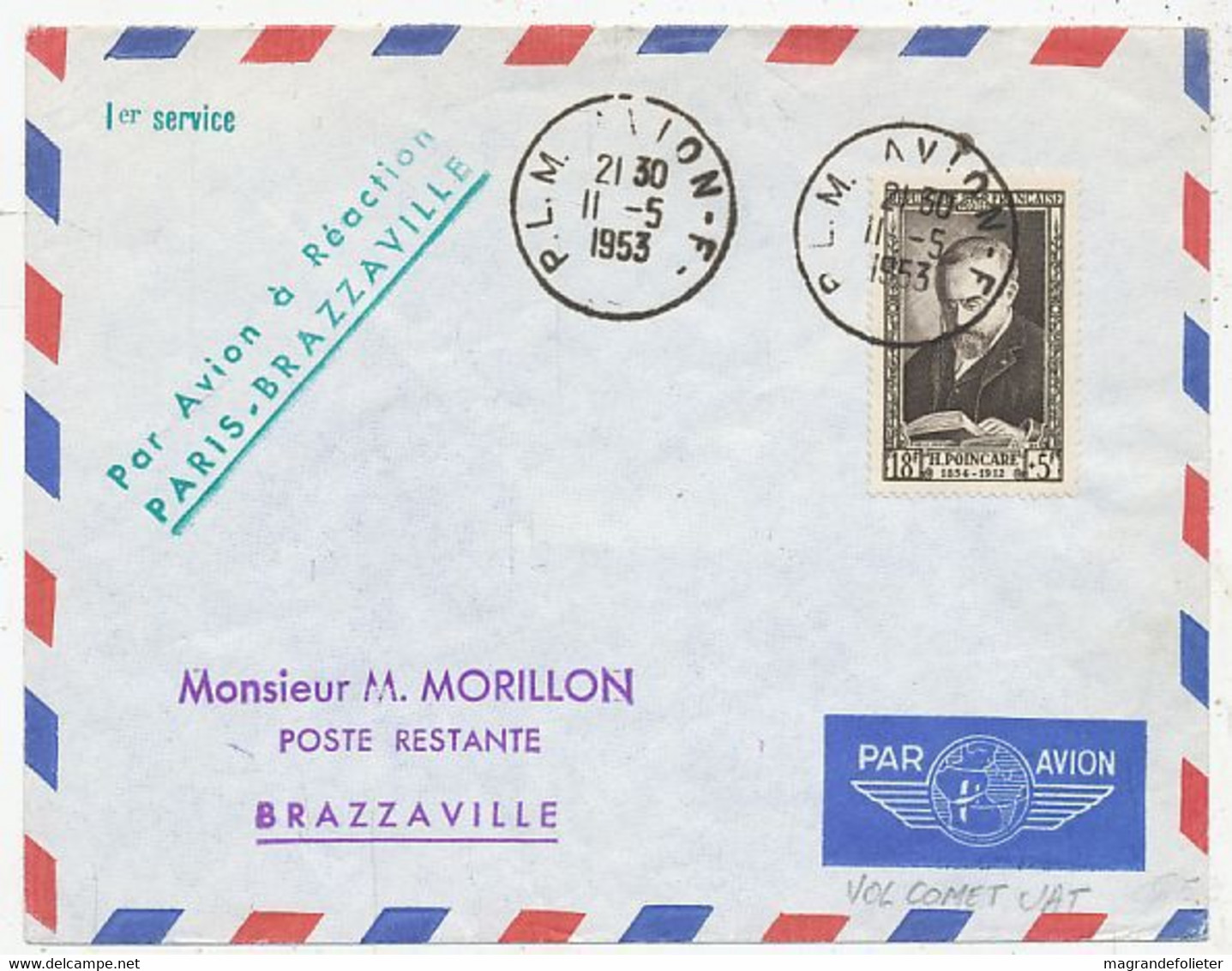 AVION AVIATION AIRLINE FRANCE PARIS 1er SERVICE PAR AVION A REACTION PARIS-BRAZZAVILLE 1953 - Vliegvergunningen