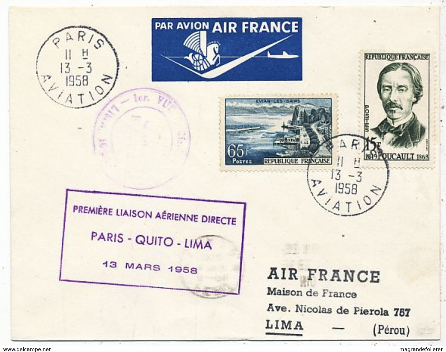 AVION AVIATION AIRLINE FRANCE PARIS AVIATION 1ere LIAISON DIRECTE PARIS-QUITO-LIMA 1958 - Zertifikate