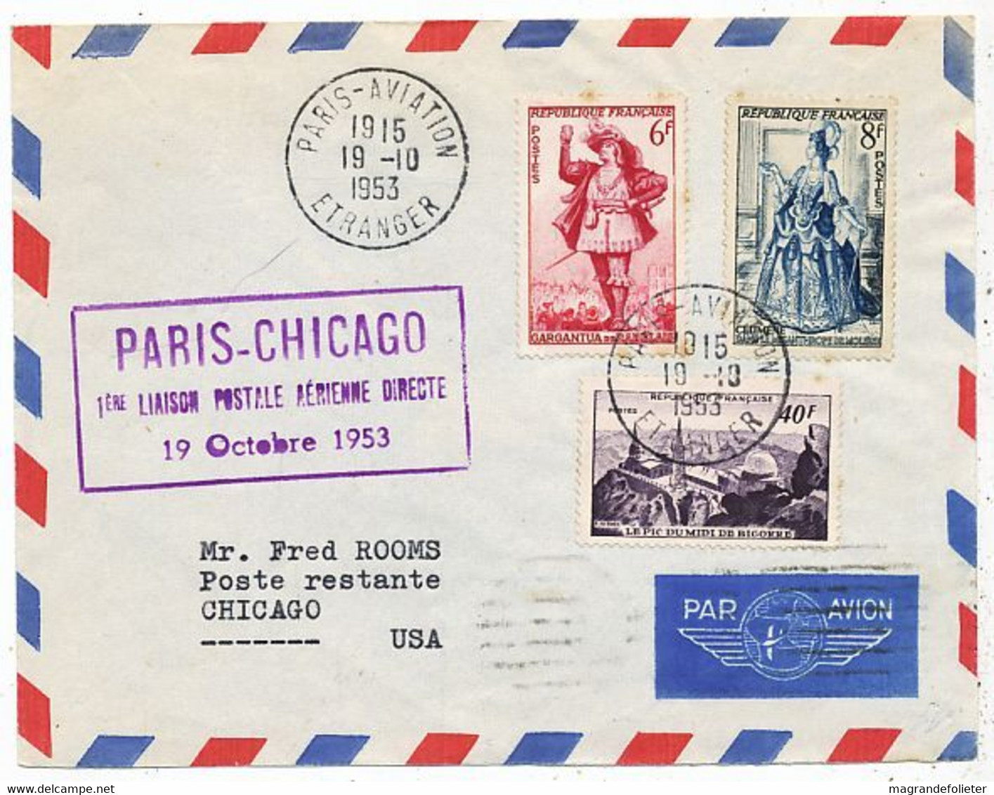 AVION AVIATION AIRLINE AIR FRANCE 1ere LIAISON POSTALE PARIS-CHICAGO 1953 - Certificats De Vol