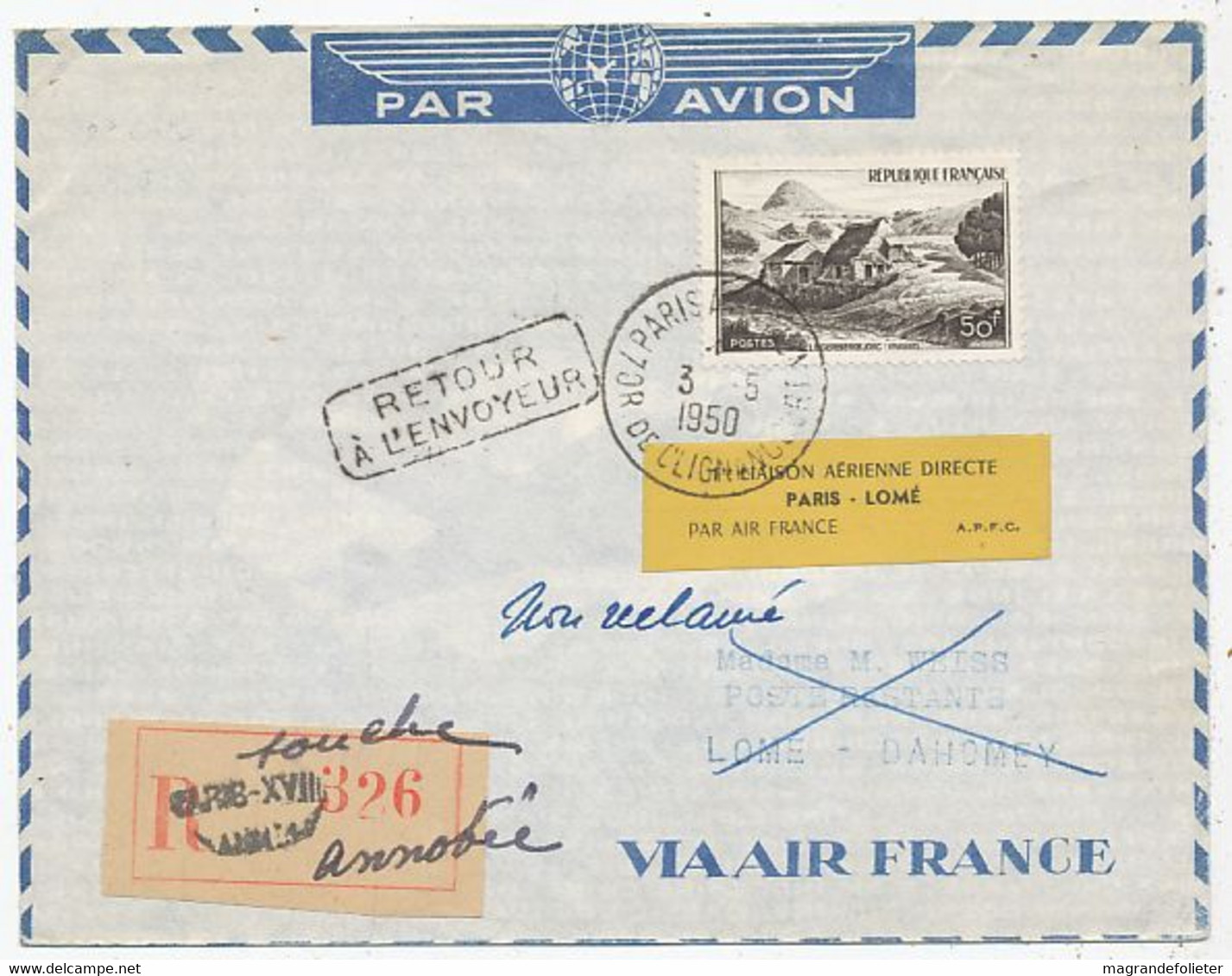 AVION AVIATION AIRLINE AIR FRANCE PREMIERE LIAISON PARIS-LOME 1950 - Certificats De Vol