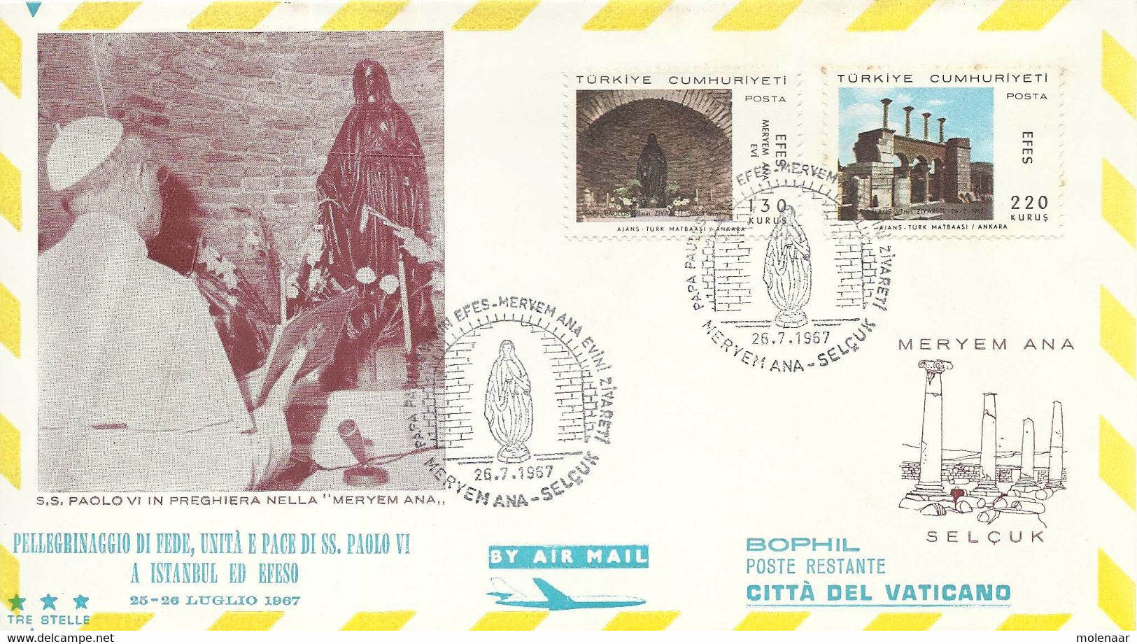 Turkije Luchtpostbrief Tgv. Pelgrimstocht Paus Paulus VI Naar Istanbul En Efese  29-7-1967 (8202) - Covers & Documents