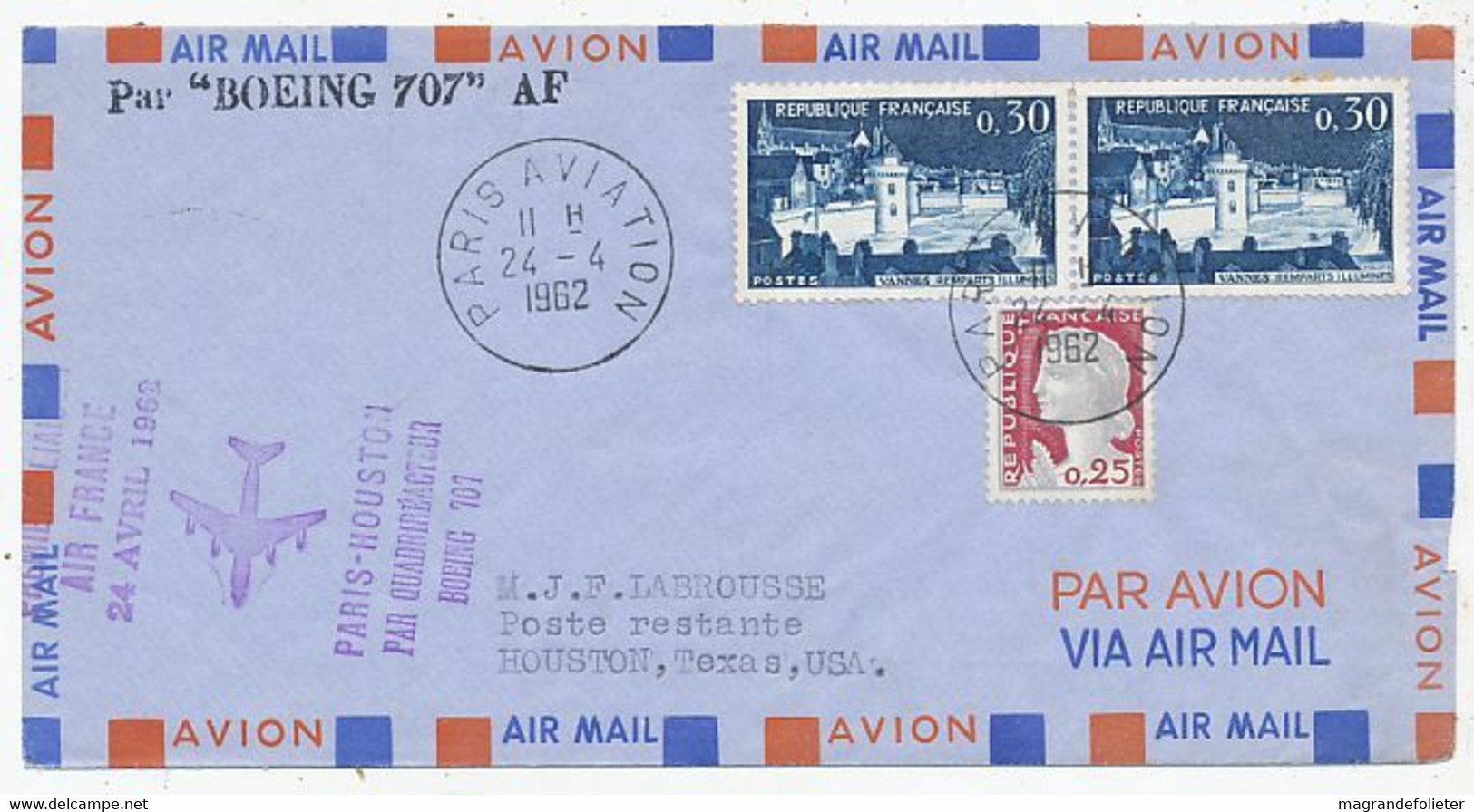 AVION AVIATION AIRLINE AIR FRANCE 1ere LIAISON PAR QUADRIREACTEUR BOEING 707 PARIS-HOUSTON 1962 - Zertifikate