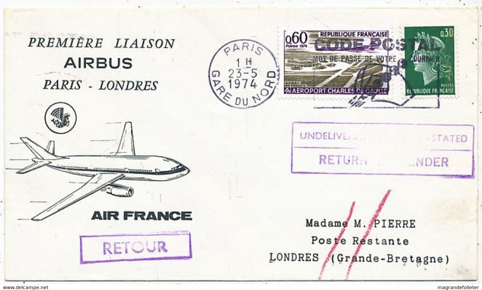 AVION AVIATION AIRLINE AIR FRANCE 1er VOL  AIRBUS PARIS-LONDRES 1974 - Certificados De Vuelo