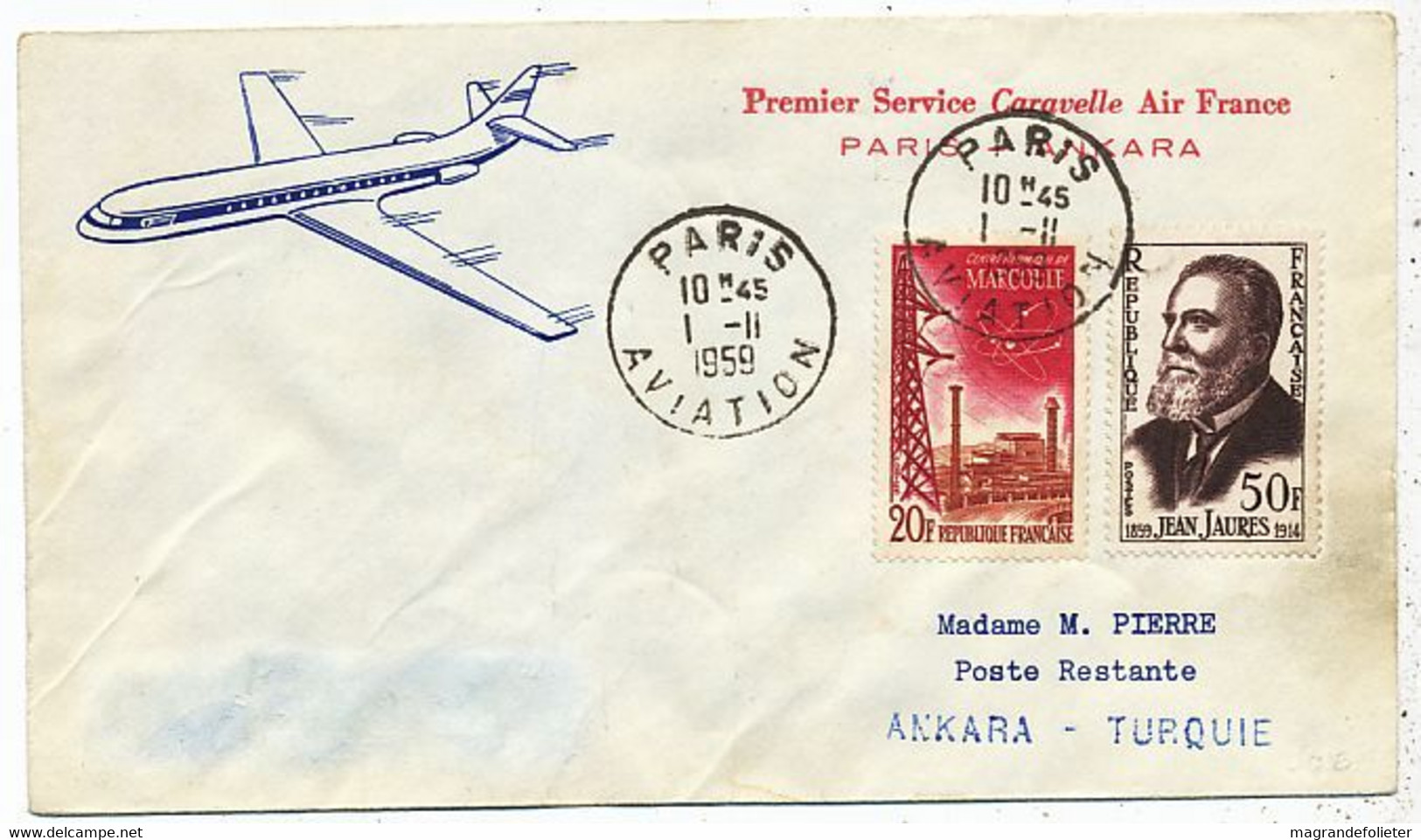 AVION AVIATION AIRLINE AIR FRANCE PREMIER SERVICE CARAVELLE PARIS-ANKARA 1959 - Certificados De Vuelo