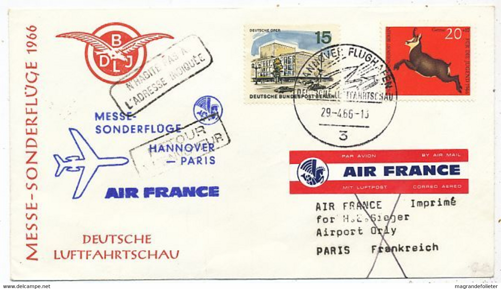 AVION AVIATION AIRLINE AIR FRANCE MESSE SONDERFLÜGE HANNOVER-PARIS 1966 - Certificats De Vol