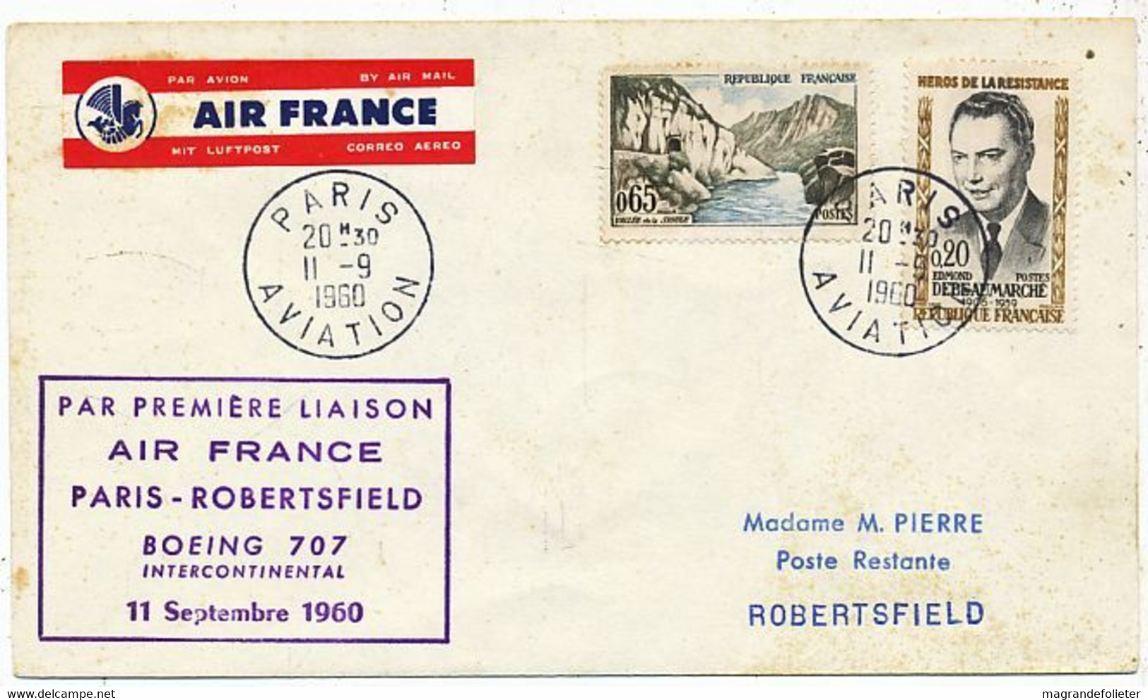 AVION AVIATION AIRLINE AIR FRANCE 1ere LIAISON BOEING 707 PARIS-ROBERTSFIELD 1960 - Flight Certificates