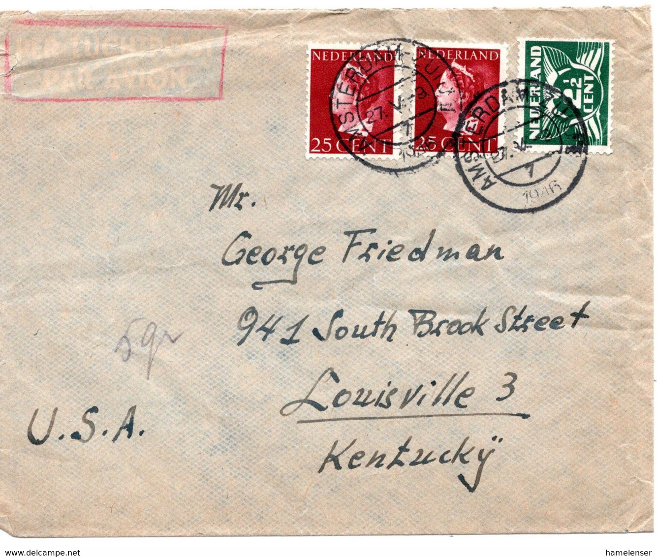 61034 - Niederlande - 1946 - 2@25c Wilhelmina MiF A LpBf AMSTERDAM -> Louisville, KY (USA) - Cartas & Documentos